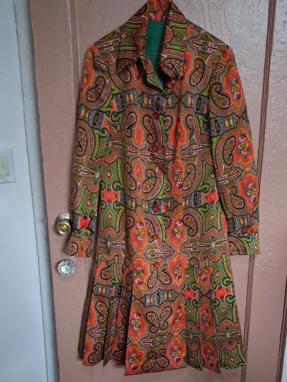 Retro Paisley Button-Front Dress in Orange & Green